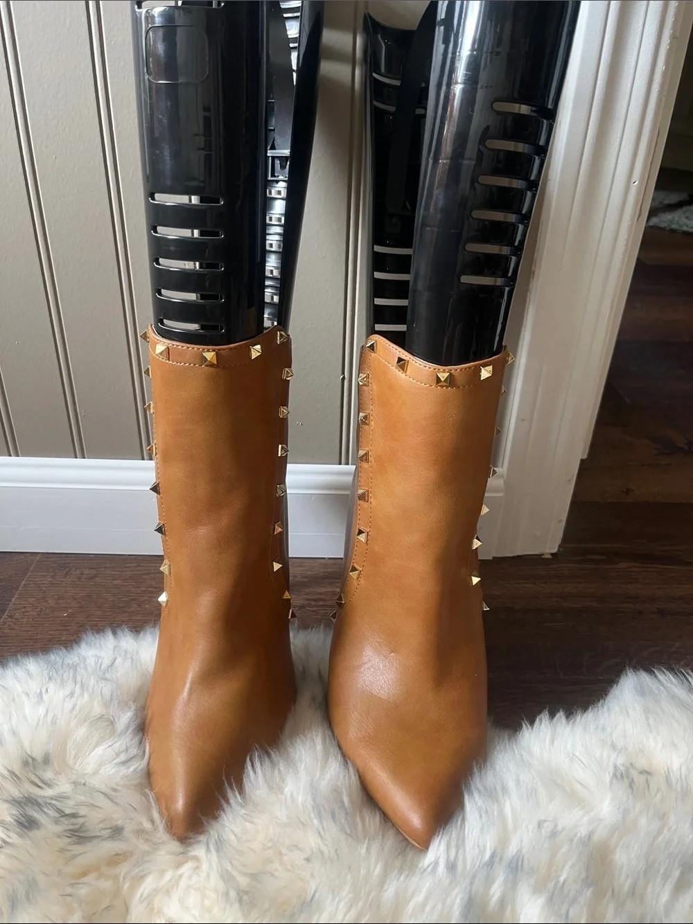 Studded Pointed-Toe Ankle Boots in Cognac